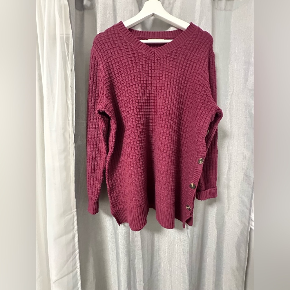 Woman Within Plum V-Neck Waffle Knit Sweater with Side Button Trim